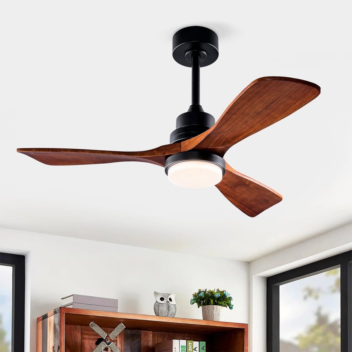 HAUSS SPOLE Plafondlamp Met Ventilator - 107 cm - Omkeerbare DC-Motor - Metaal En Massief Hout - Zwart Donker Walnoot - Dimbaar Met Afstandsbediening — afbeelding 1