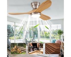 Plafondventilator Met Verlichting – 36 Inch 90 Cm – 3 Bladen – Hout En Metaal – Satijnnikkel Natuurlijk Hout – Afstandsbediening 6 Snelheden
