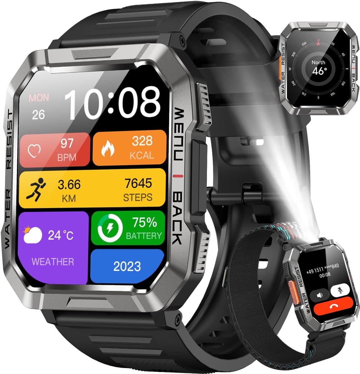 Blackview Outdoor Smartwatch - W60 Watch - Bluetooth Smartwatches - Rugged Sporthorloge - Vierkante Militair Smartwatch - Smart Watch Dames - Smartwatch Heren - Sport Horloge - IP68 Waterdicht - Belfunctie - Sporthorloge - iOS & Android - Zwart — afbeelding 1