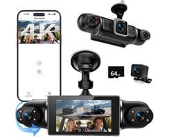 SnelShoppen - 360° Dashcam Auto 4 Kanaals FHD 4K + 1080p, Gratis 64GB SD-kaart, 4×140° Groothoek, WDR Nachtzicht, G-sensor, 3 inch IPS-display, 24/7 P