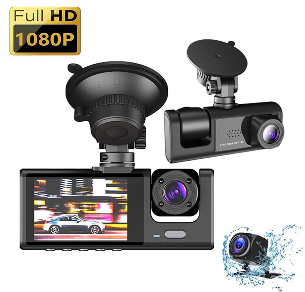 Gloovon - Dashcam Voor Auto 3 in 1 - Full HD - Voor en Achter Camera - Met Achteruitrijcamera - Nachtzicht - 170° Groothoeklens - Parkeermodus - G-Sensor - Loop Recording — afbeelding 1