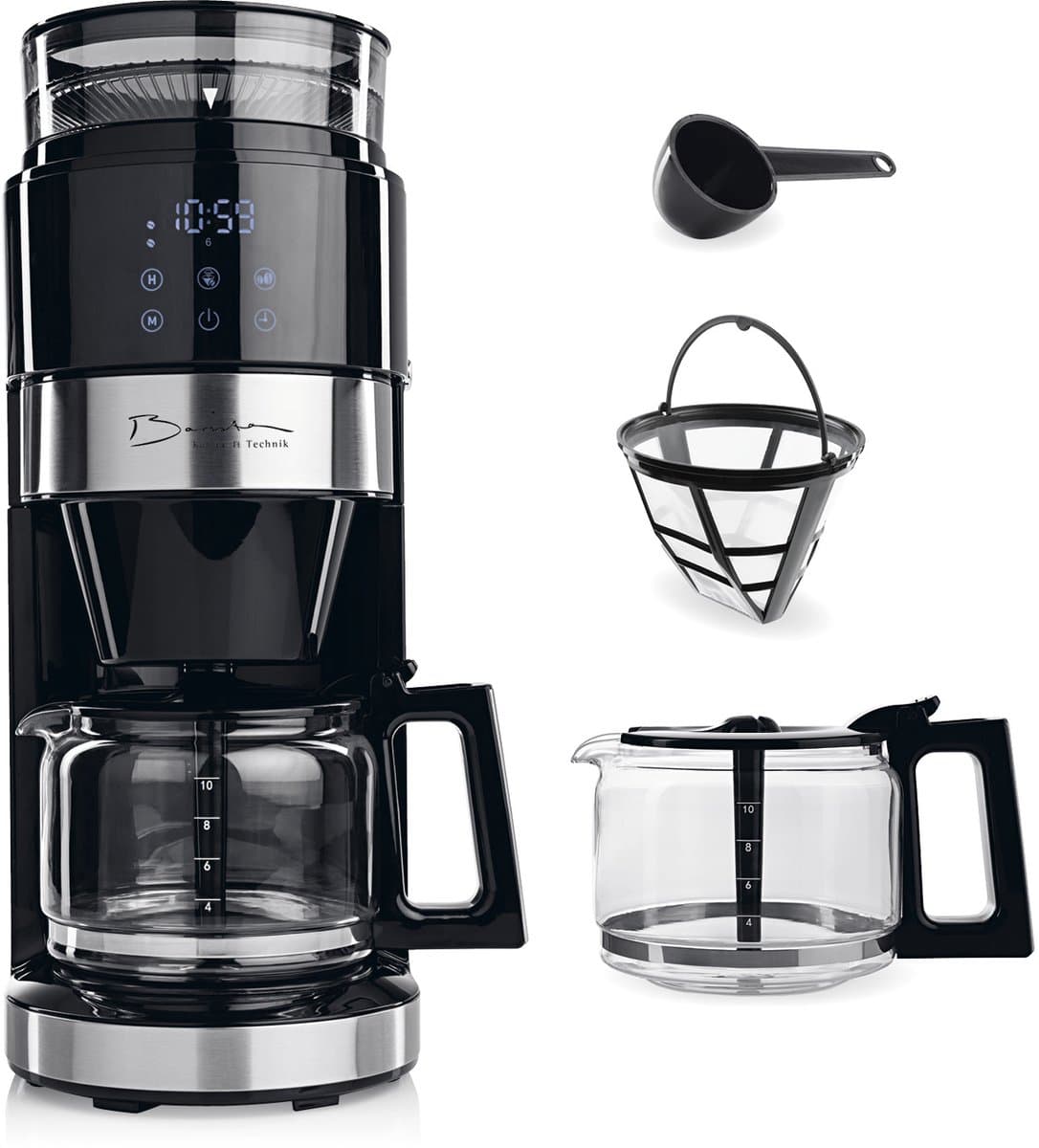 Barista koffiemachine met molen | Filterkoffiezetapparaat met glazen kan | 900W filtermachine met touchdisplay en timerfunctie voor tot 10 kopjes | 1,25 liter koffiekan | Voor bonen en gemalen koffie — afbeelding 1
