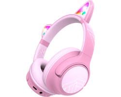 PowerLocus Bobo - Draadloze Koptelefoon voor Kinderen - Bluetooth koptelefoon - 74/85/94dB Volumebegrenzing - Katten Oortjes - Led Verlichting - Roze