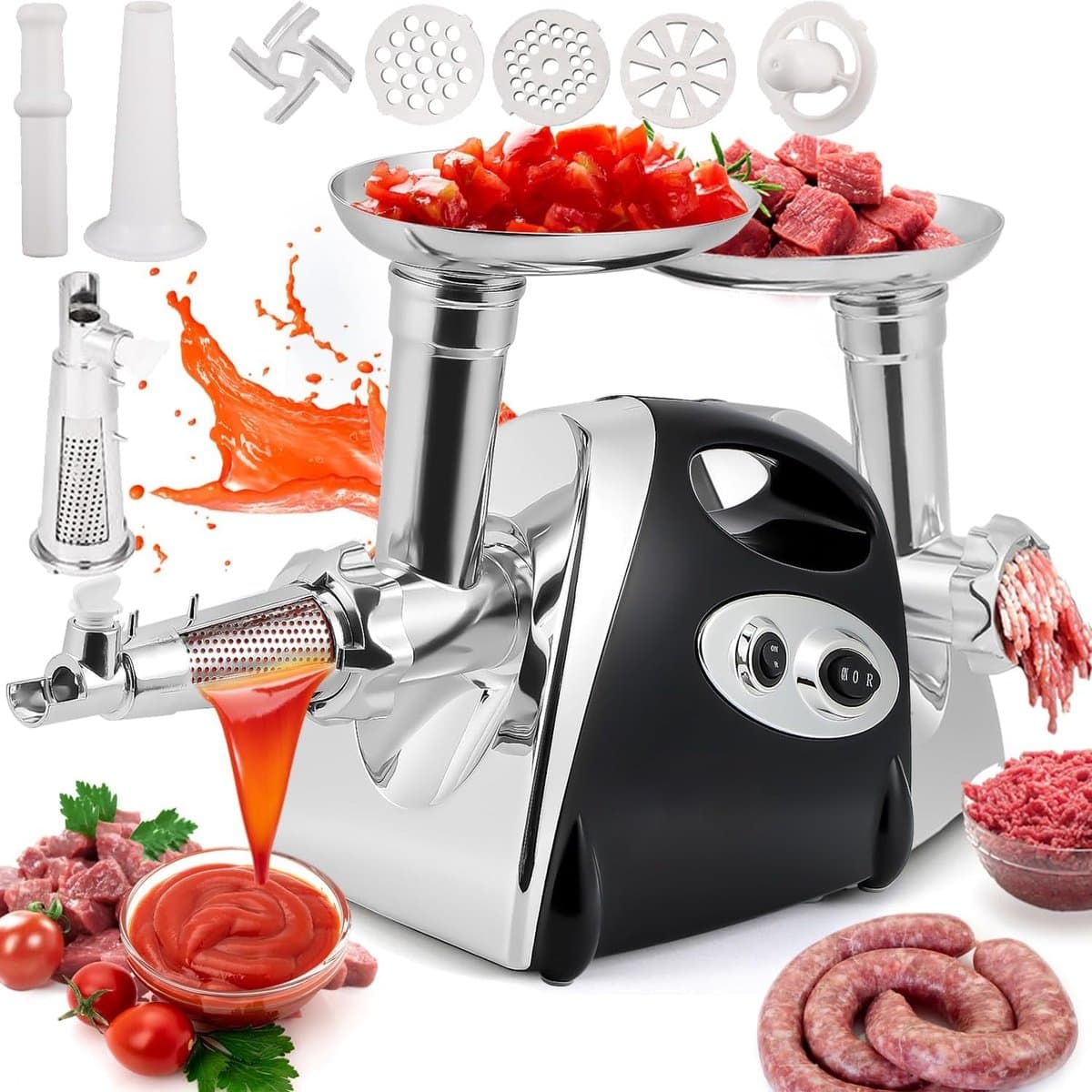 Elektrische Keukenmachine - Vleesmolen Tomatenmaker - Maaltijden Bereiden - 3-in-1 Functionaliteit - 3 Slijpplaten - Zilverkleurig — afbeelding 1