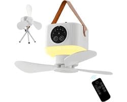 Campingventilator - Draagbare campingventilator - Ventilator - Met verlichting en afstandsbediening- Met 4 snelheidsstanden en timerfunctie 3 standen nachtlampje - Meerdere plaatsingsmethoden met statief - voor luifel strand camper - Wit