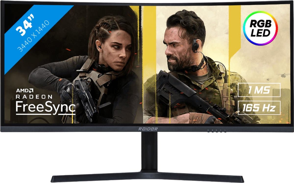 RAIDER 34 inch Ultra Wide Gaming Monitor - 165HZ - 34 inch - WQHD (3440x1440) - CURVED - 1 ms - FreeSync/G-Sync - Zwart — afbeelding 1