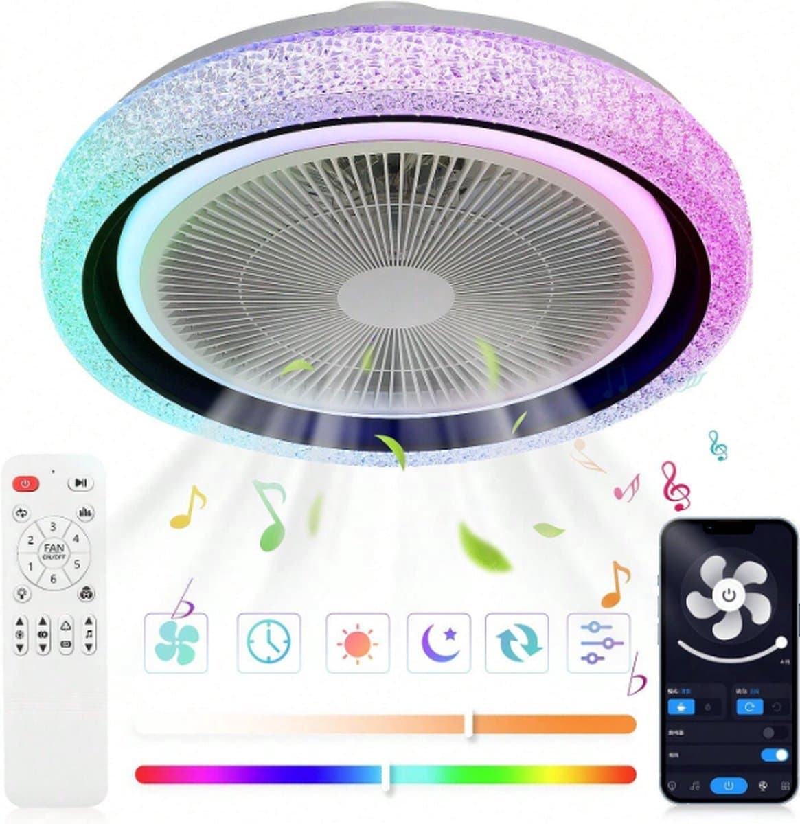 LuxiLamps - RGB Ventilator Lamp - Plafondventilator Met Speaker - Dimbaar - 6 Standen Ventilator - Wit - Keuken Lamp - Woonkamerlamp - Moderne lamp — afbeelding 1
