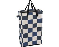 Smalle Was mand - Vuile kleding mand - Ruimte Besparen - Zelfstandig Staand Ontwerp - 48L Capaciteit - Blauw Wit Geruit