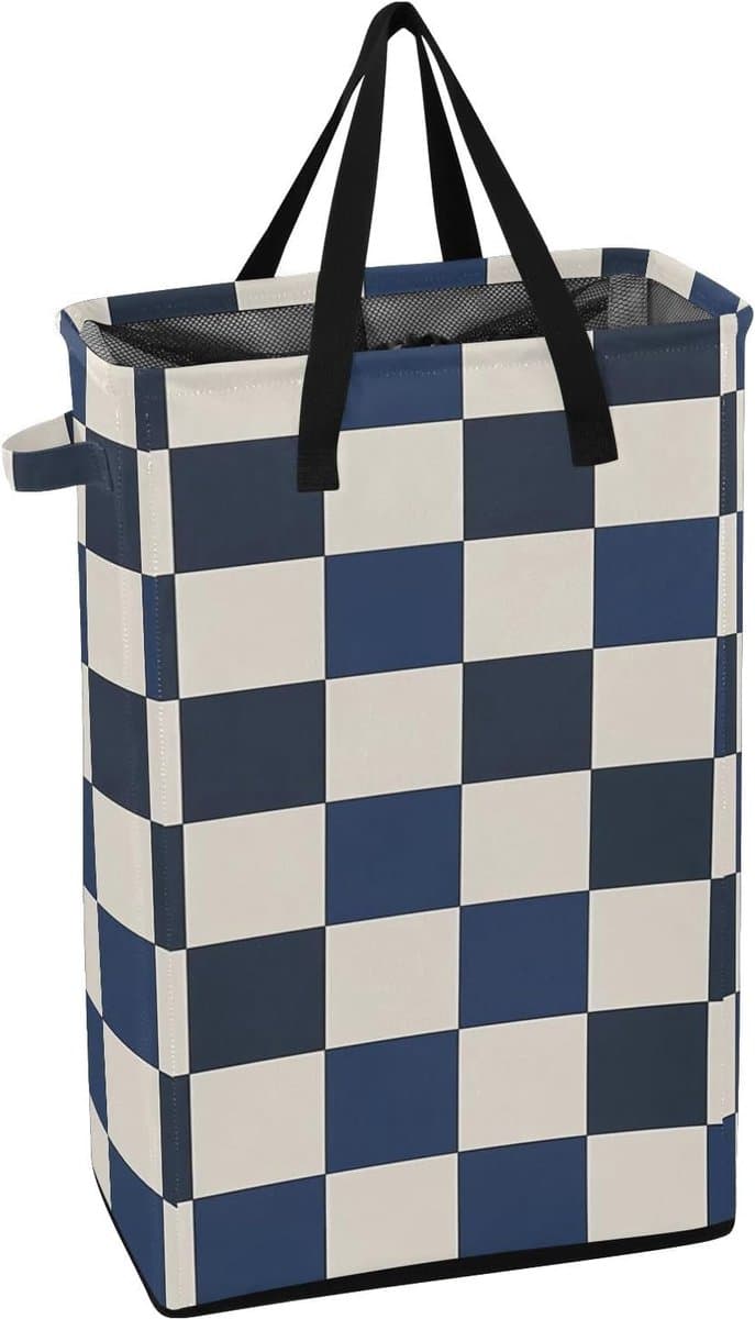 Smalle Was mand - Vuile kleding mand - Ruimte Besparen - Zelfstandig Staand Ontwerp - 48L Capaciteit - Blauw Wit Geruit — afbeelding 1