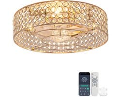 19 inch Inbouwventilatorlamp - Dubbele bediening via app en afstandsbediening - 6 snelheidsstanden - Omkeerbare luchtstroom - Gouden kristallen - ABS-bladen