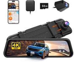 Dashcam voor auto - Zwart - 10 inch - Spiegel met 4K Voorcamera en 1080P Achtercamera - Met ADAS, GPS en Wifi