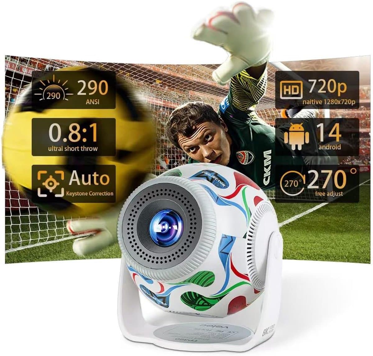 SnelShoppen - 2026 Mini Projector, Draagbare Projector met 8K Ondersteuning, 290 ANSI Lumens, Wi-Fi 6, Bluetooth 5.4, Automatische Verticale Keystone — afbeelding 1