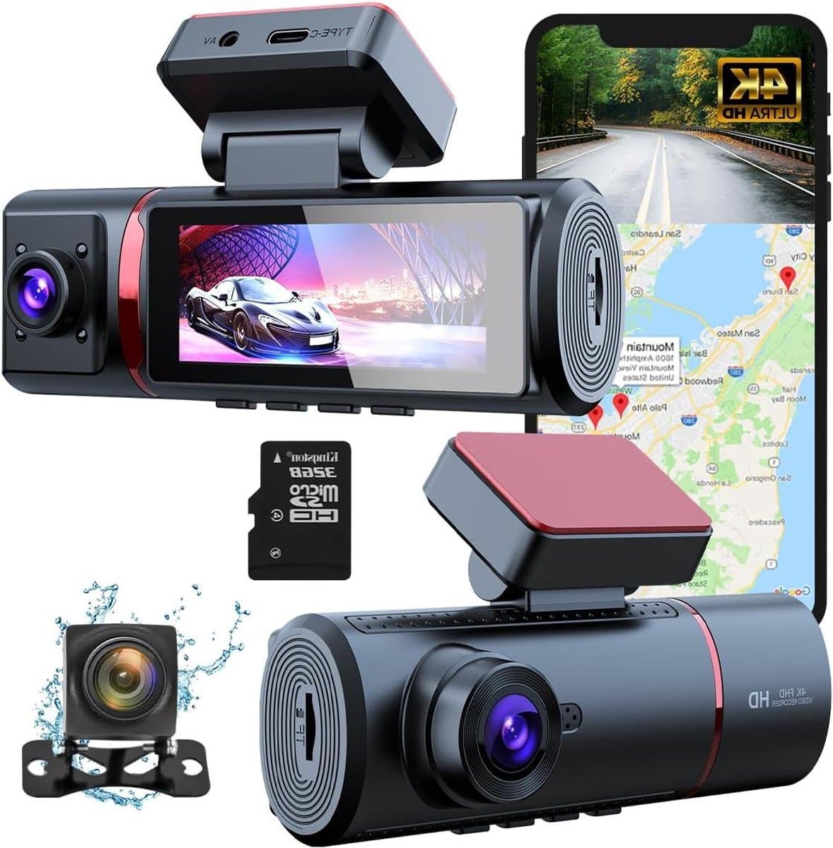 4K Dashcam - Auto Camera - Verkeersveiligheid Vastleggen - 3-in-1 Opname - 170° Groothoek - Zwart — afbeelding 1