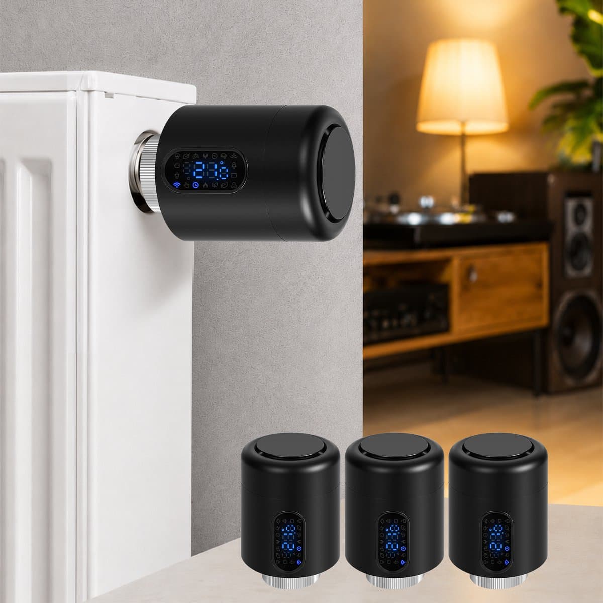 WiFi Radiatorthermostaat met App-bediening en 7 Ventieladapters – Zwart – 3-pack — afbeelding 1