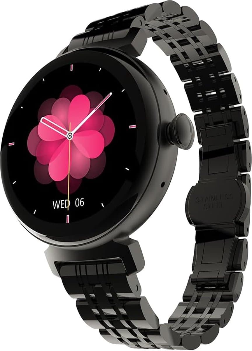 HiFuture Aura Smartwatch dames, 1,08 inch roestvrijstalen AMOLED-display, Stappenteller, Hartslagmeter, polshartslagmeter, echte Sp02-sensoren, IP68 waterdicht, activiteitenteller, magnetische lading compatibel met Android en iOS, kleur (Zwart) — afbeelding 1