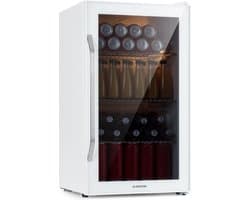 Klarstein Drankkoeler minikoelkast met glazen deur, minikoelkast voor op de kamer, kleine met verstelbare schappen, kleine koelkast van 80 liter, stille koelkast voor binnen en buiten - Touch - Wit - RVS LED - Drankkoelkast