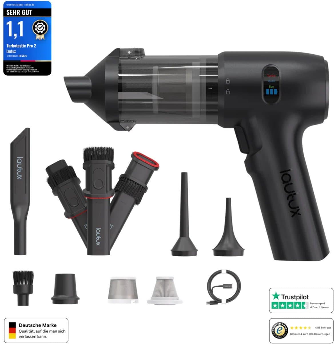 Lautux - Turbotastic Pro 2 - 4 in 1 Zwart Handstofzuiger -Auto stofzuiger- 120 W - 18.000 Pa - tot 60 minuten gebruiksduur - HEPA-filter - LED-display - 4 in 1 opzetstukken-Starter Set- (auto, dierenharen, opblazen, leegzuigen/vacuüm) (parelwit) — afbeelding 1