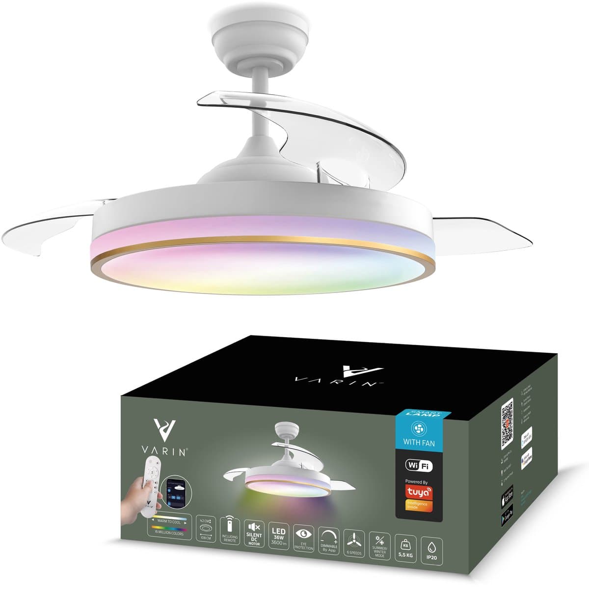 Varin® Smart Plafondventilator met LED verlichting RGBW - Wit/Goud - Tuya Wifi - Ø 50cm/108cm - Super stil - Smart lamp - Plafondlamp slaapkamer - Plafonniere woonkamer - Plafondlampen - Plafond lamp - Verlichting kinderkamer - Plafond ventilator — afbeelding 1