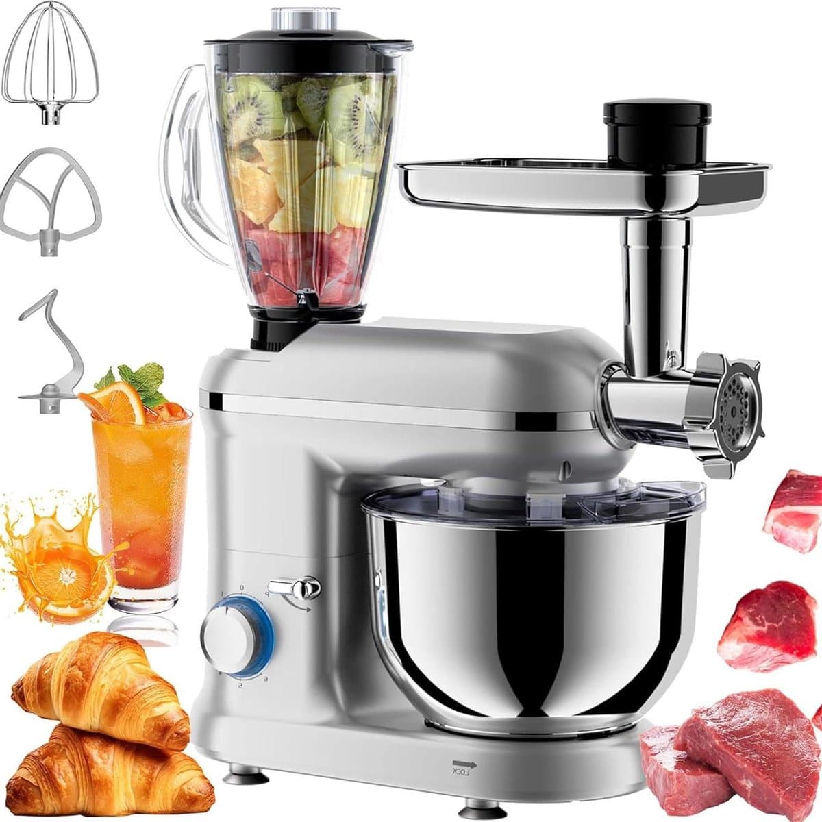 Keukenmachine - Mixer Robot - Thuis Bakken - Inclusief Vleesmolen - 5.5 Liter - Zilver — afbeelding 1