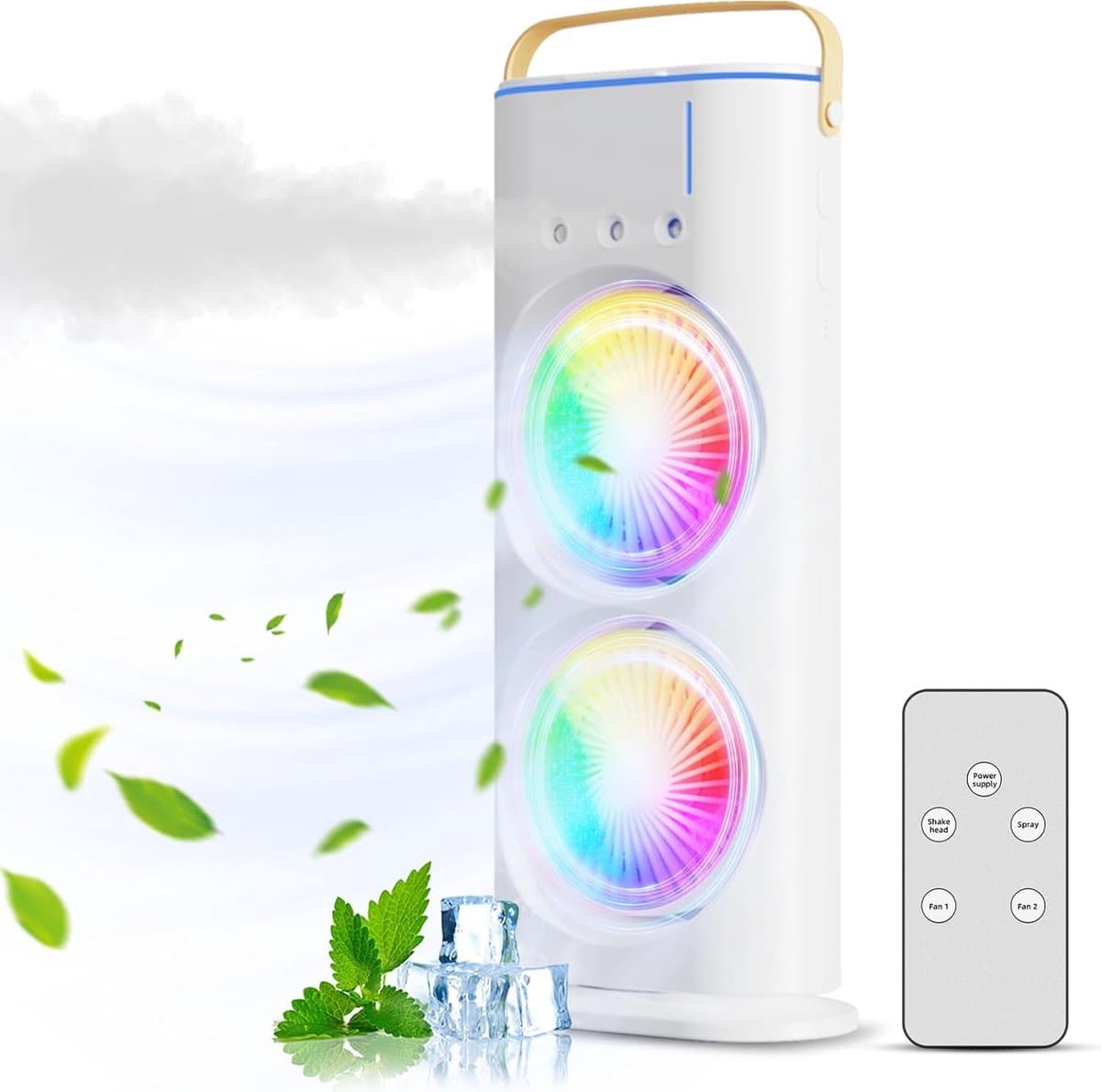 Aircooler met water of ijs-aircooler met koelelementen-ventilatorlamp met afstandbediening-Draagbare USB-ventilator met drie snelheden en vernevelingsfunctie- 7-kleurige LED-luchtkoeler - oplaadbare luchtkoeler met een waterreservoir van 280 ml - wit — afbeelding 1