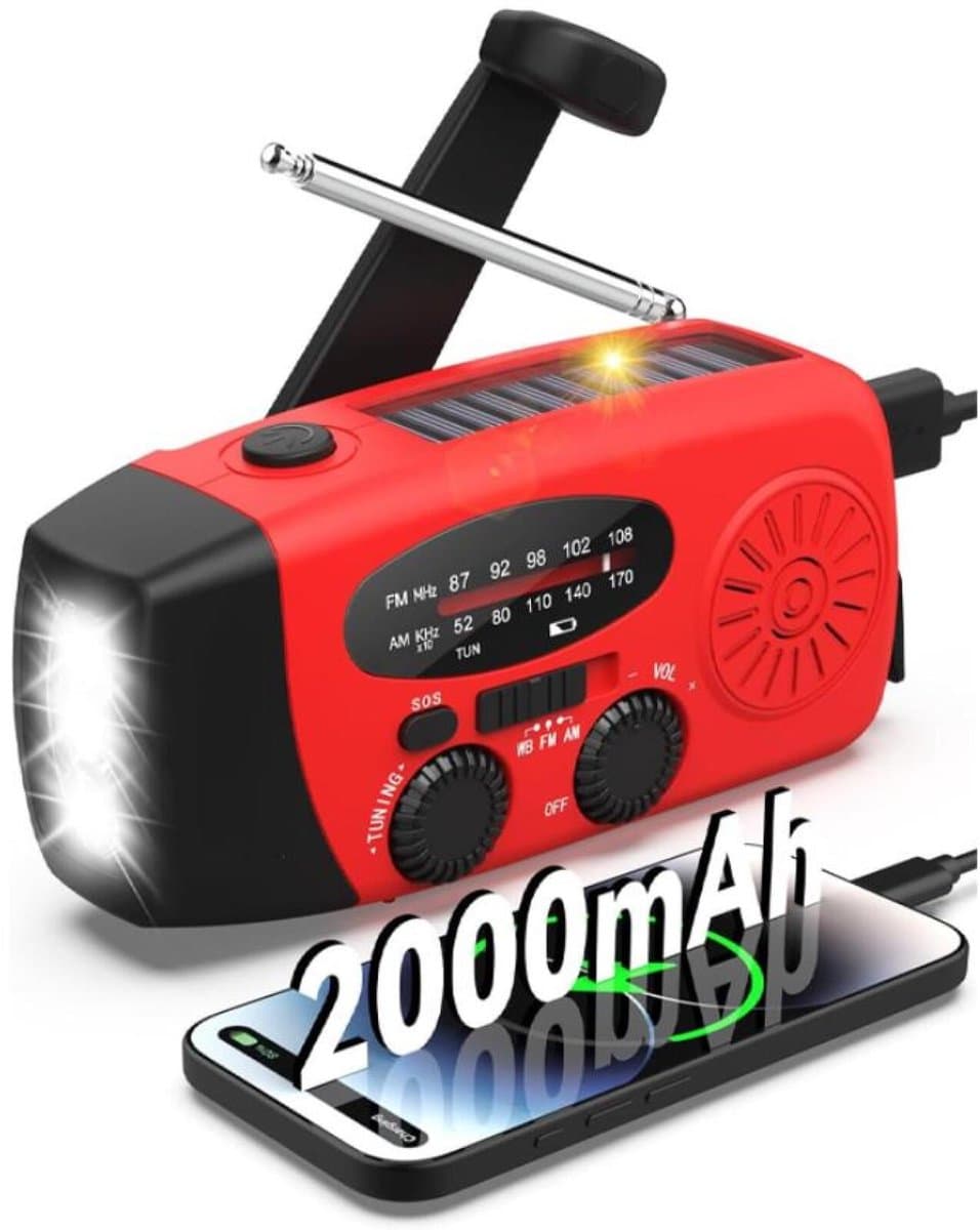 Noodradio Solar - Solar Opwindbaar - AM/FM/NOAA-radio - 2000mAh Powerbank - LED Zaklamp Oplaadbaar- SOS alarm - USB-C kabel - voor Buiten Kamperen Thuis Noodstroomuitval - Waterdicht - Draagbare radio's - Rood — afbeelding 1