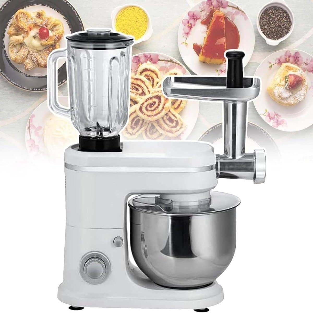 Keukenmachine - Mixer Kom - Bakken Maken - 3-in-1 Hulpstukken - 6L Kom - Zilver — afbeelding 1
