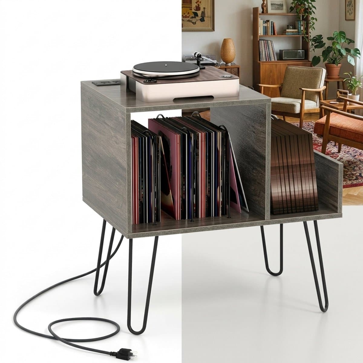 Platenspeler Meubel - LP-kast - Platenspelerkast - Draaitafelstandaard - Platenspelerstandaard - Vintage Displayplank - Grijs — afbeelding 1