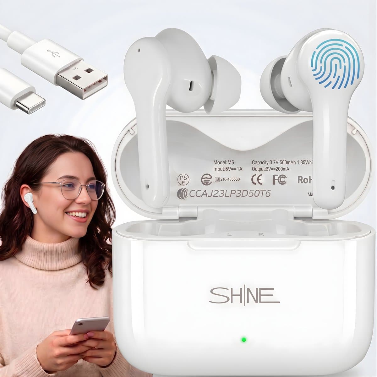 Shine - Al vertaal oordopjes - Noise Canceling - Vertaalcomputer 127 talen - wit — afbeelding 1