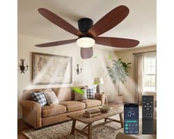 MUPOO Houtlook plafondventilator met verlichting 106 cm- Afstandsbediening & App Bediening - Stille & Dimbare LED - Zomer en Winterstand-6 Snelheden & Geheugen-ventilator lamp plafond Voor Slaapkamer en Woonkamer