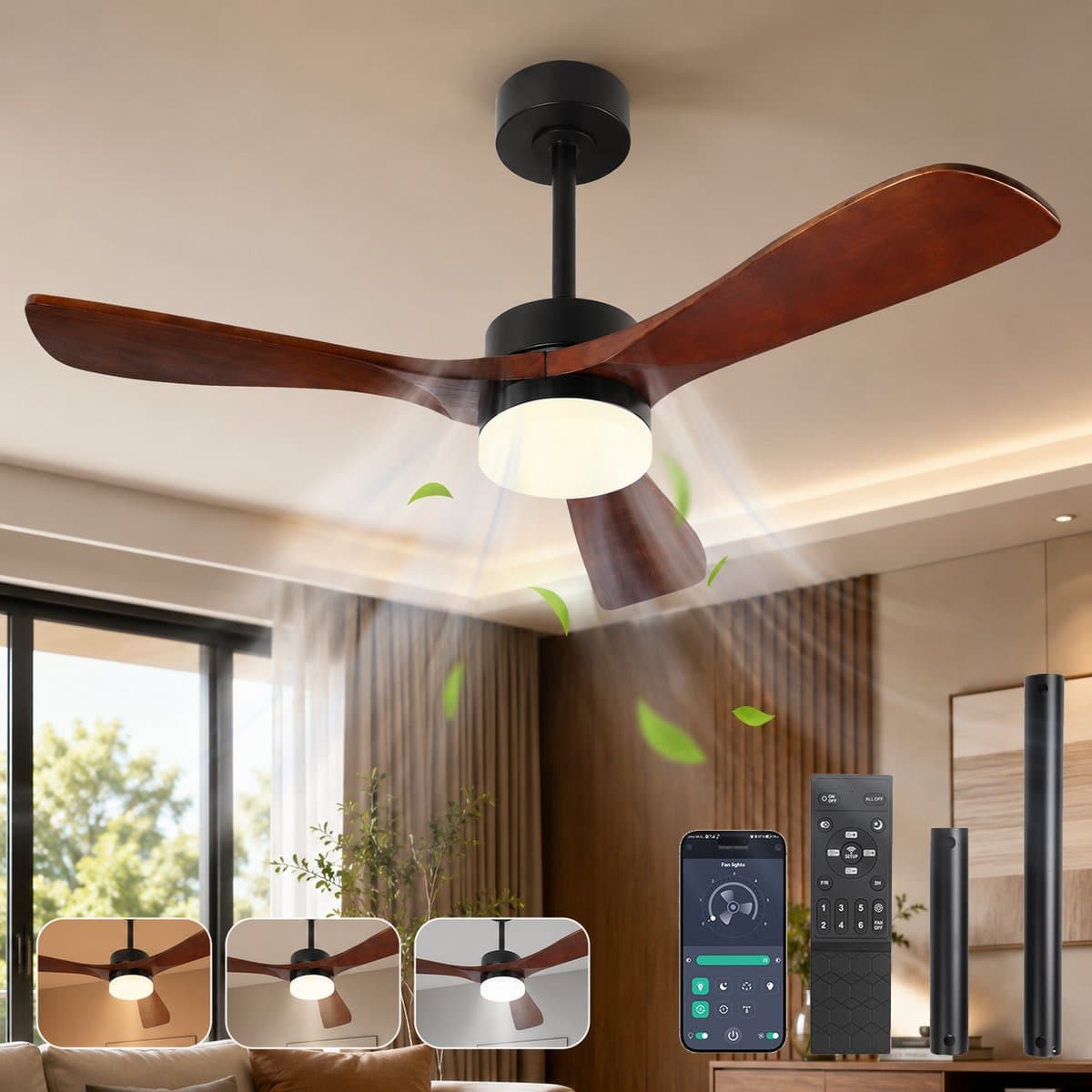Rosnek Slimme Plafondventilator met Verlichting Massief Hout Ø106 - App & Afstandsbediening - Dimbaar LED 18W - Fluisterstil 20dB DC-Motor - Zomer/Winter Functie — afbeelding 1
