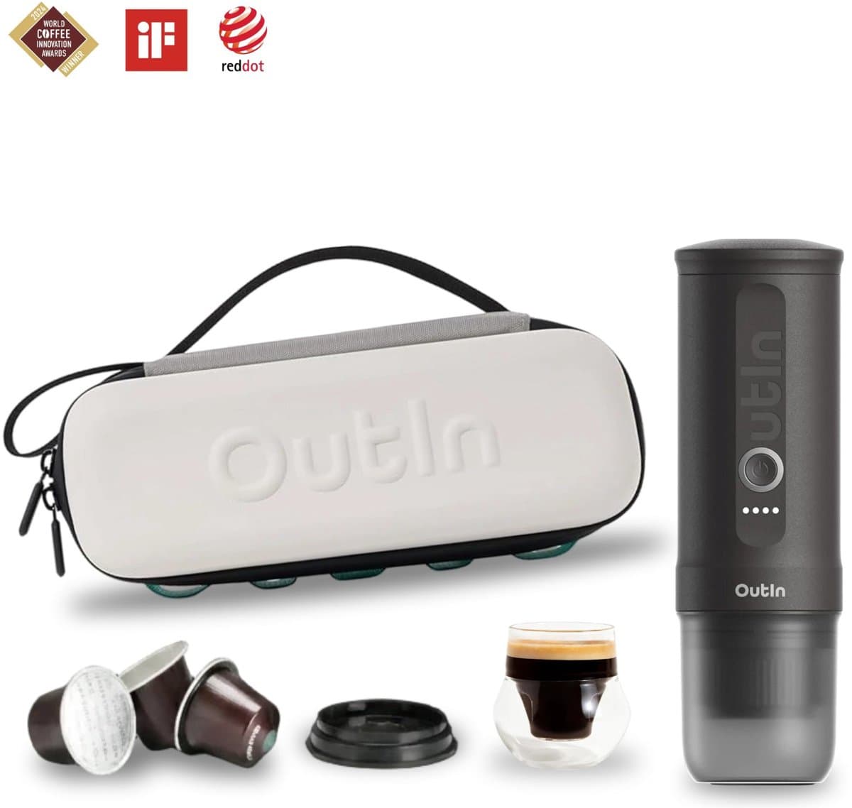 Outin Nano Bundle Draagbaar Koffiezetapparaat Compact Espresso Apparaat | Oplaadbaar | Voor Onderweg | Geschikt Voor Capsules En Gemalen Koffie | Reizen Camping Auto Gebruik — afbeelding 1