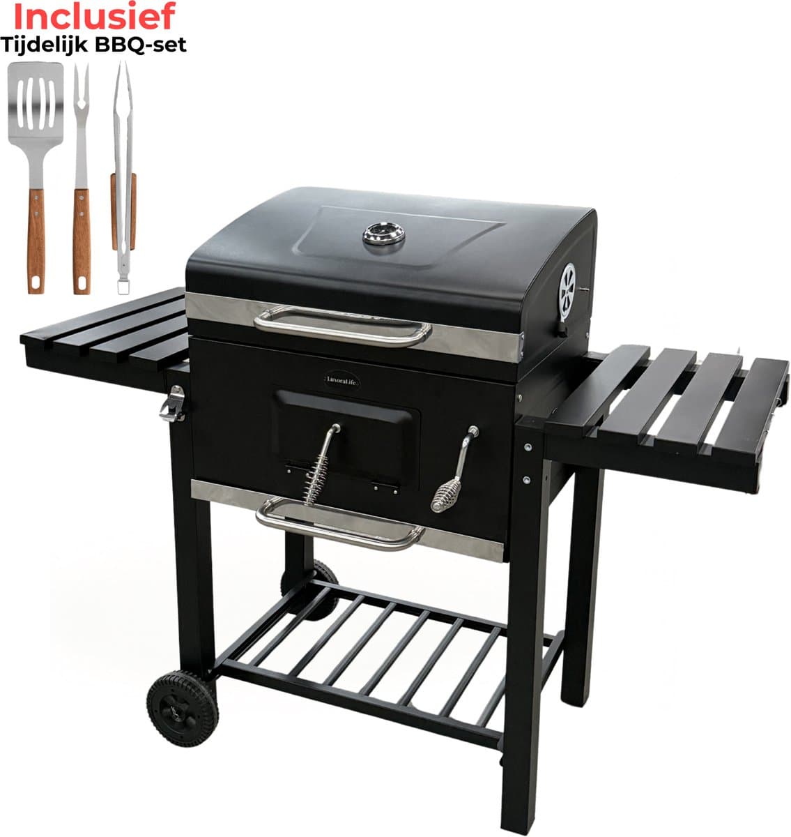 Luxoralife Houtskool BBQ- smokerbarbecue- PFAS Vrij - bbq houtskool- Verstelbaar Kolenrooster - 42x57cm Grilloppervlak - Zijpanelen - Zwart — afbeelding 1