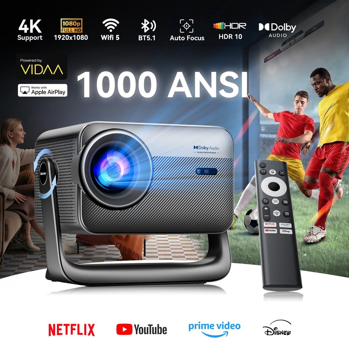 Blackview PV1000 Max Beamer - 18000 Lumens-1080P FHD-4K Decodering-Dolby Audio-VIDAA OS-360° Gimbal- Netflix YouTube Disney+- Thuiscinema Buiten-Spelmodus-TOF Autofocus — afbeelding 1