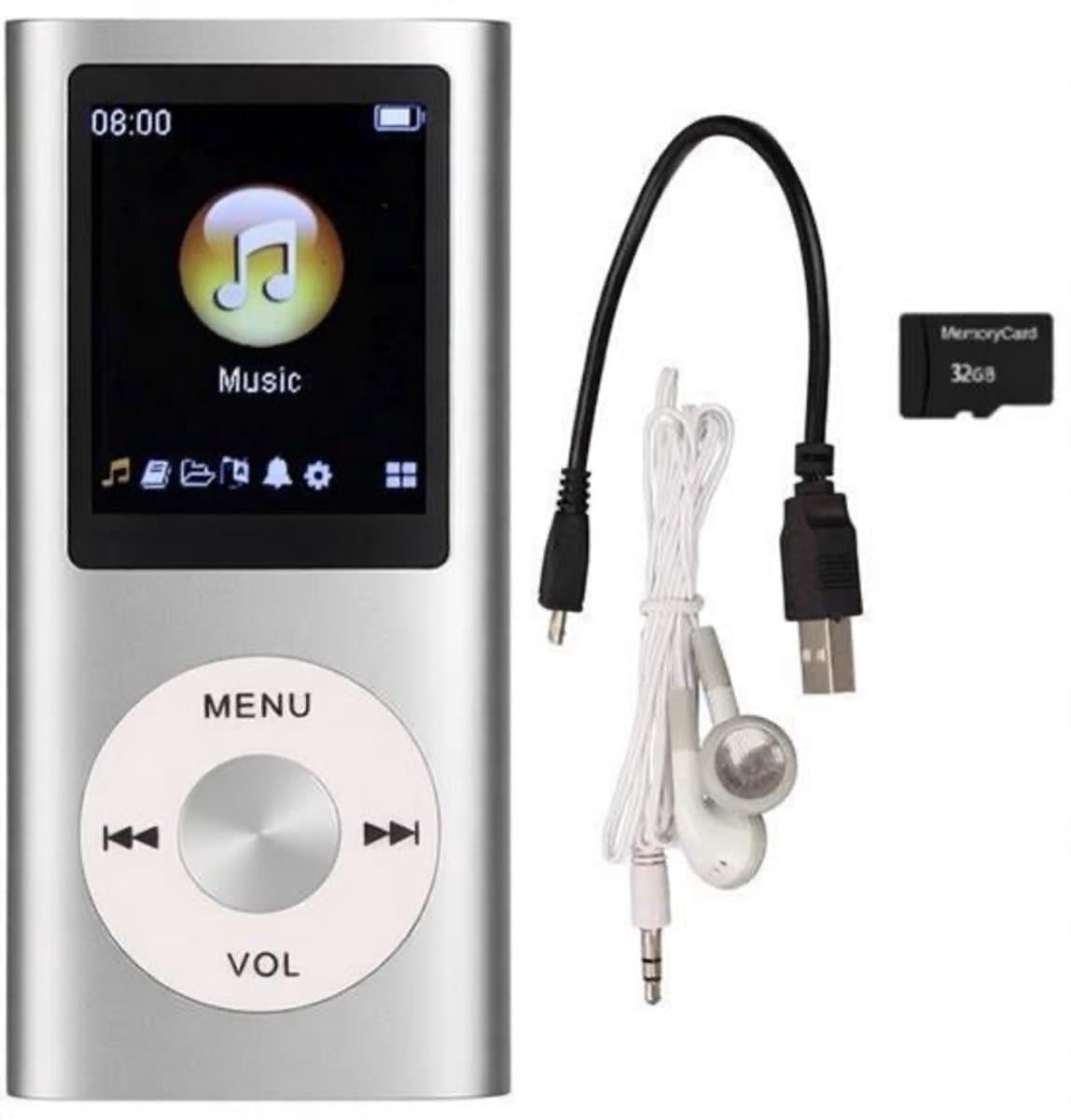MP3 Speler - Bluetooth - Incl. 32GB SD Kaart - USB - Shuffle - Incl. Oordopjes - Voice recorder - Dictafoon - Draagbaar - Luidsprekers met verliesvrije geluidskwaliteit - Ideaal voor Sport, Kinderen en Volwassenen - zilver — afbeelding 1