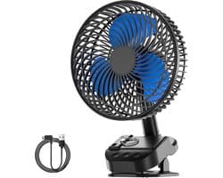 Clipventilator Oplaadbaar - 8 Inch Tafelventilator - 5 Snelheden - Timer - 10000 mAh - Zwart