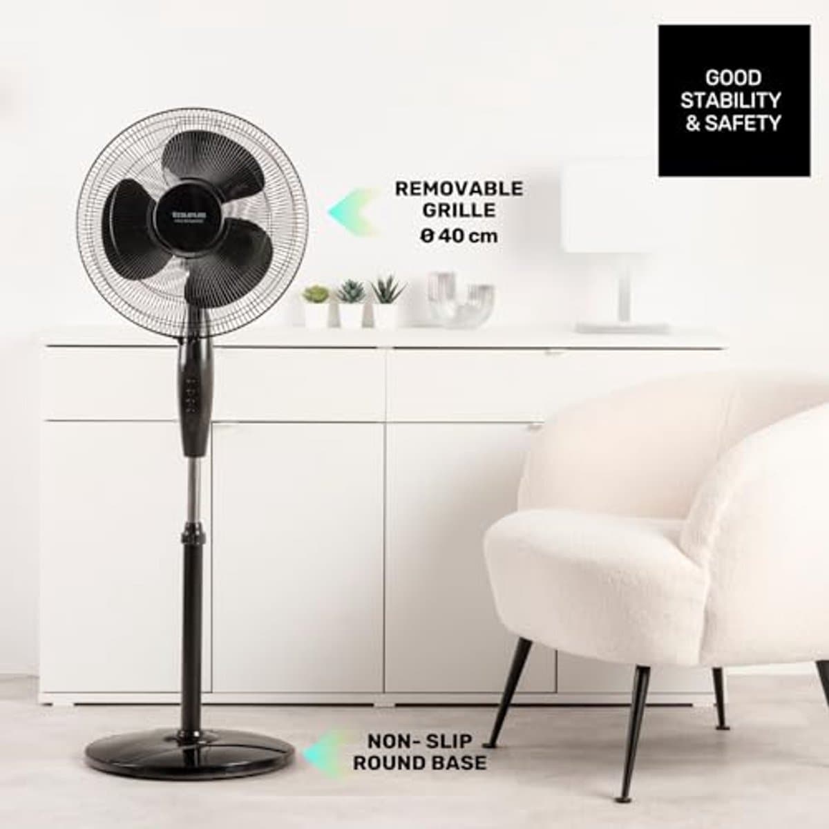 Elegante Statiefventilator met Oscillerend Systeem | 40 cm | 3 Snelheden | Verstelbare Hoogte | Handmatig Kantelbaar | Draaghandvat — afbeelding 1