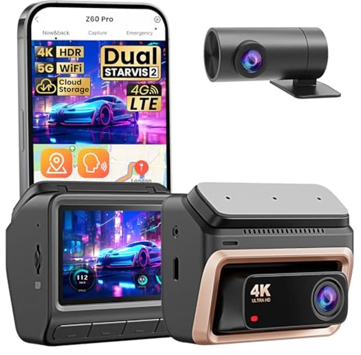 Dashcam 4K + 1080P Dual Camera met Nachtzicht en GPS Voor Auto — afbeelding 1