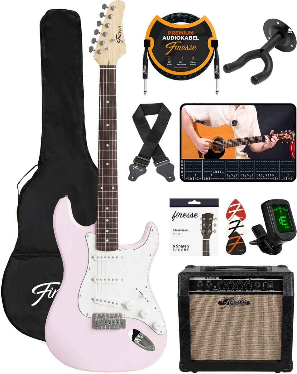 Finesse Elektrische Gitaar met Versterker - met Videocursus - Gitaar - Volwassenen - Kind - Roze — afbeelding 1
