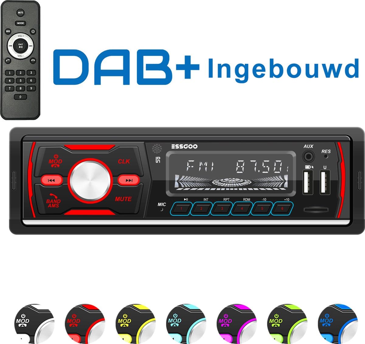 ESSGOO DAB Autoradio - Autoradio met Bluetooth - 1 din Autoradio - Dab+ en AM/FM Radio - Handsfree bellen - Usb, Aux, Tf - 4 x 60 Watt — afbeelding 1
