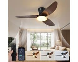 MUPOO Houtlook Plafondventilator met Verlichting Ø100cm - Stil & Dimbaar - Zomer en Winterstand-Smart App & Afstandsbediening -6 Snelheden & Geheugen- Timer- ventilator lamp Voor Slaapkamer / Woonkamer - Walnoothoutkleur