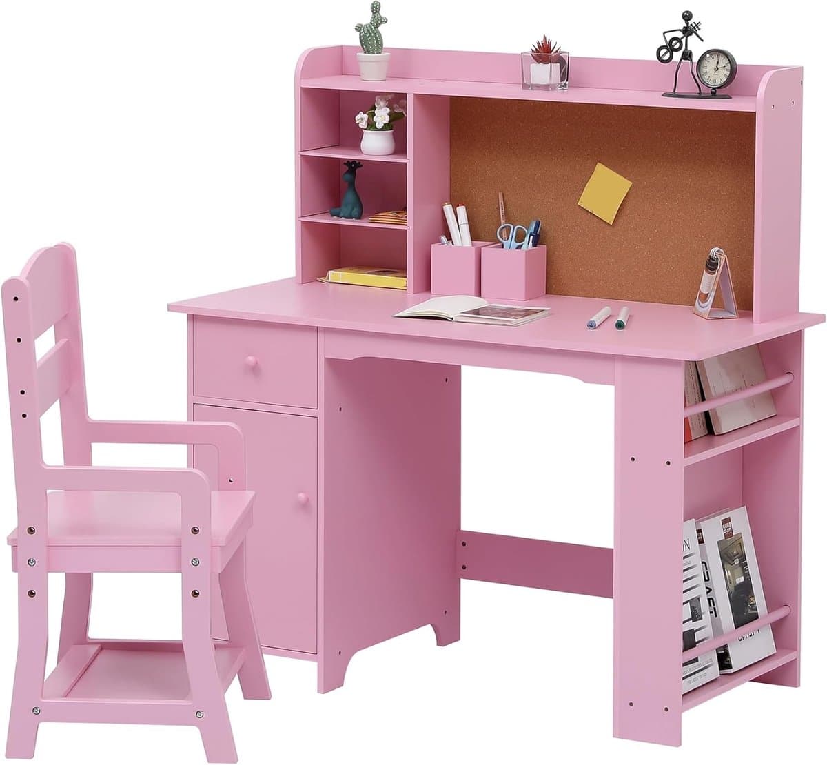 Kinderbureau en Stoel met Opbergruimte - Houten Kindertafel met Etagère, Prikbord & Lade - Verstelbare Kinderstoel - Studiehoek Kinderkamer - 97x46x101cm - Roze — afbeelding 1