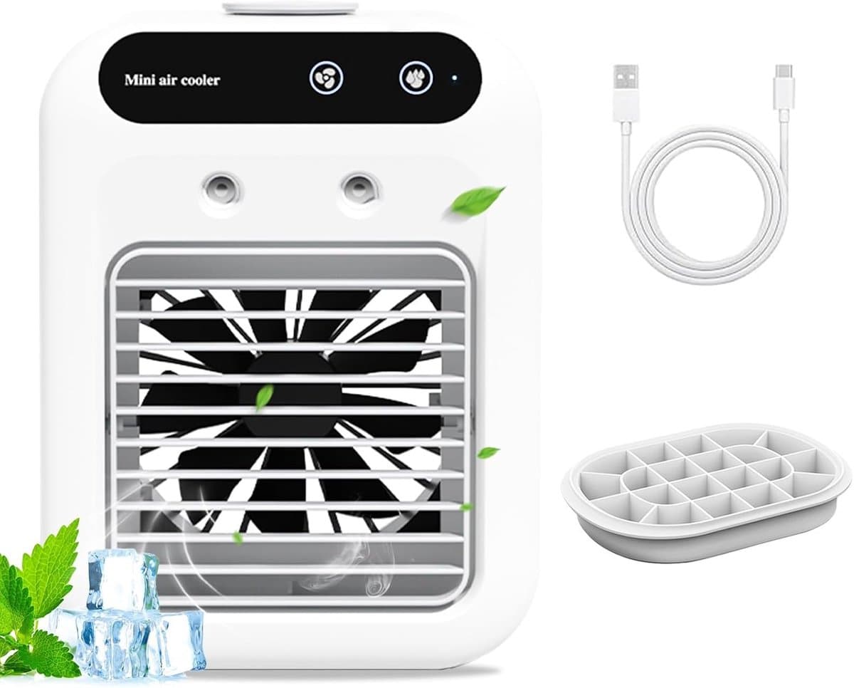 Draagbare airconditioner, 500 ml watertank en touchscreen - verdamperkoeler met 2 windsnelheden, ultra stil ontwerp voor slaapkamer, kantoor, camping, compacte ruimtes (uitgebreid met ijsrooster) — afbeelding 1