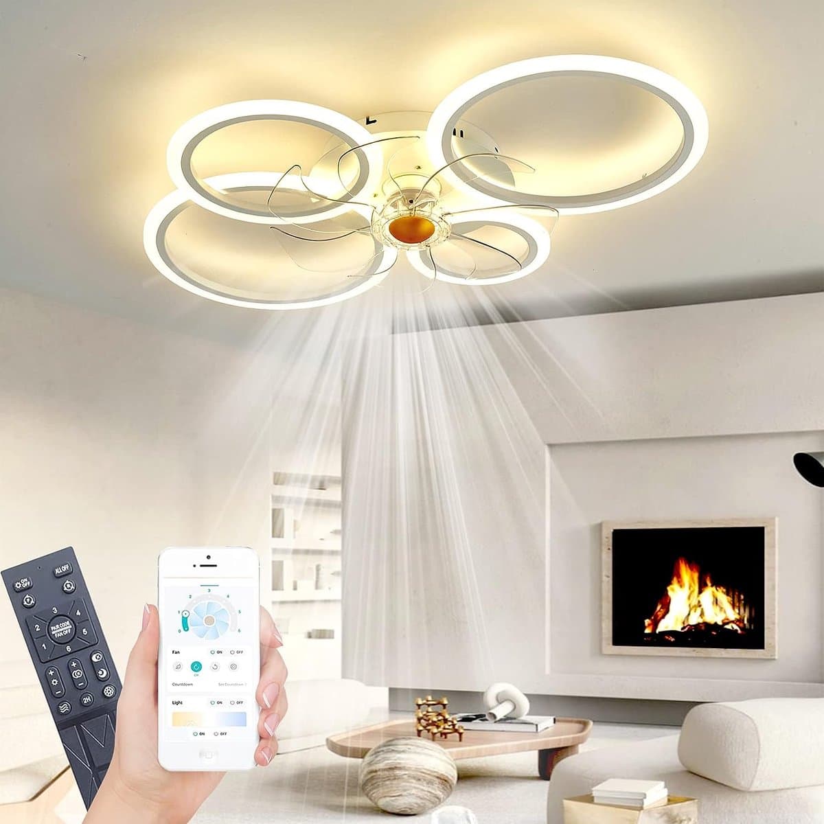 4 Ringen Plafondventilator - Dimbaar Met Afstandsbediening & APP - Wit - 6 Snelheden - Smart lamp - Moderne Ventilator — afbeelding 1