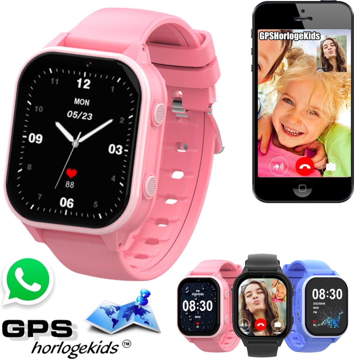 GPSHorlogeKids© - GPS horloge kind - smartwatch kinderen - WhatsApp - 4G videobellen - spatwaterdicht - SOS alarm - SMS - incl. SIM - Edge Roze — afbeelding 1