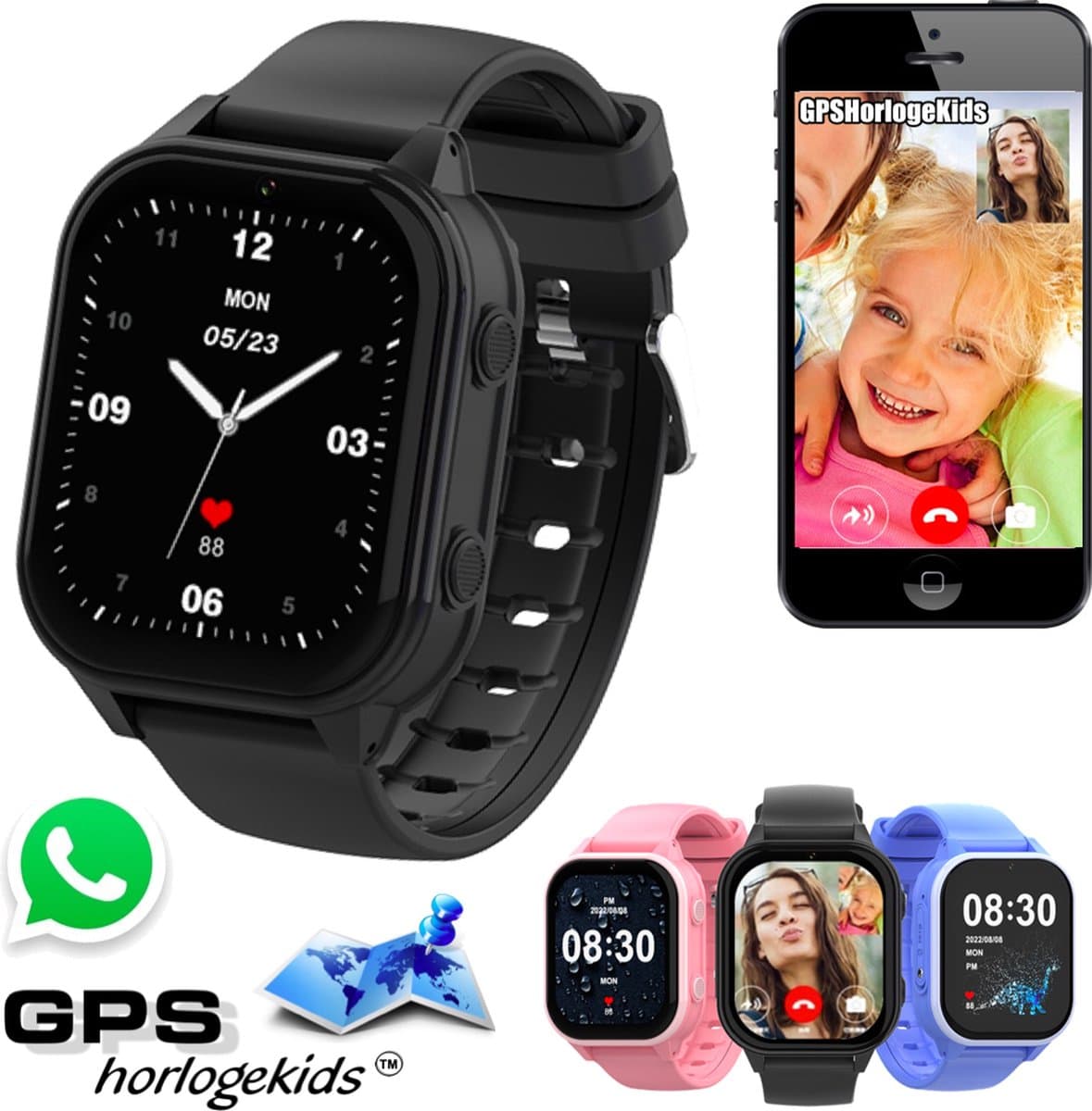 GPSHorlogeKids© - GPS horloge kind - smartwatch kinderen - WhatsApp - 4G videobellen - spatwaterdicht - SOS alarm - SMS - incl. SIM - Edge Zwart — afbeelding 1