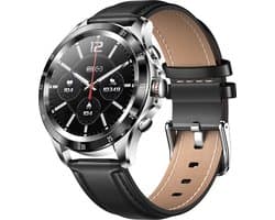 Darenci Platinum Pro Smartwatch Heren – Zilver/Zwart – Leren Band – Bluetooth Bellen & Muziek – Hartslag-, Bloeddruk- & Zuurstofmeter – IP67 Waterdicht – Luxe Activity Tracker