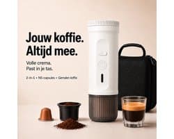 Draagbare Koffiemachine – Zelfverwarmende Espressomachine 20 Bar – Koffiezetapparaat voor Onderweg, Auto, Camping & Camper – NS-Capsules/Gemalen Koffie – 7500mAh – Warme Koffie Zonder Waterkoker – Wit – Reis Koffieapparaat