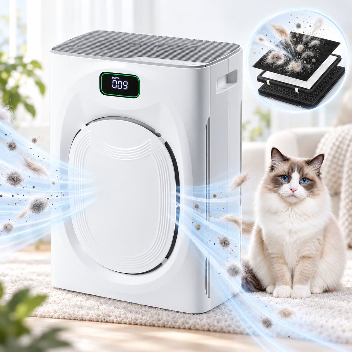 Lapamax Luchtreiniger met HEPAfilter H13 voor Huisdieren-Huisdiermodus-CADR 295 m³/u - Grote Luchtinlaat&Dubbelzijdige Filtratie -3-Laags Filtersysteem,Koolstoffilter & Wasbaar Voorfilter -25 dB Slaapstand-voor Woonkamer en Slaapkamer — afbeelding 1