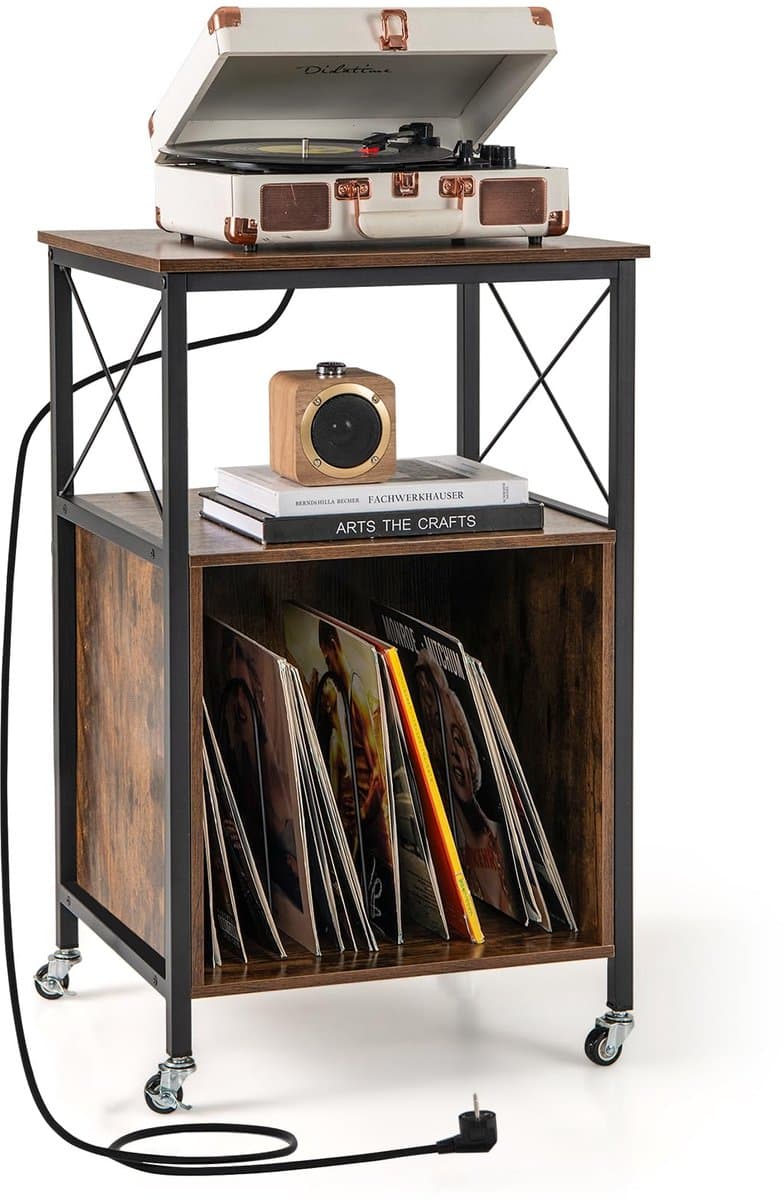 COSTWAY Platenstandaard met geïntegreerd laadstation, record player stand, bijzettafel hout, platenspeler standaard voor vinyl, bruin records, rek voor woonkamer, slaapkamer, 45 x 50 x 82 cm — afbeelding 1