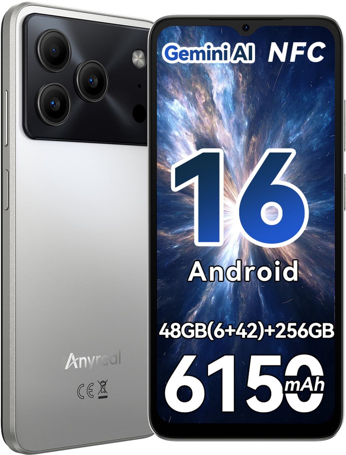 Anyreal Note 56 Plus Smartphone - 6,56 Inch - 48GB(6+24) RAM - 256GB ROM - 6150 mAh - Android 16 - Gemini AI - NFC GPS - Zilver — afbeelding 1